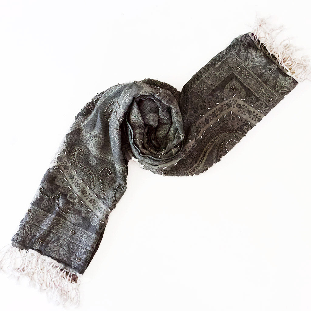 Dusk | Hand Beaded | Grey Silver Merino Women’s Designer Wrap